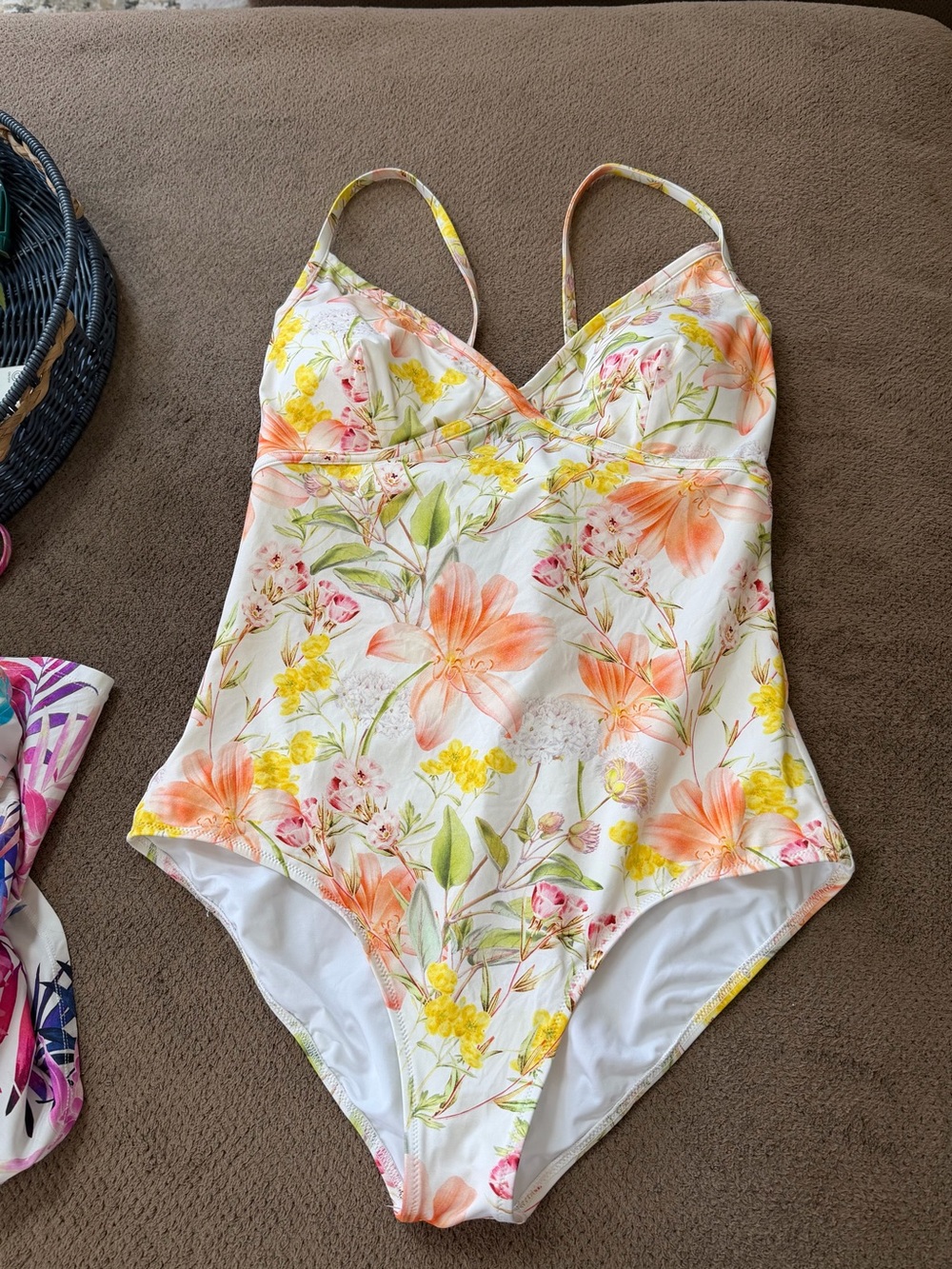 Floral One-Piece Women’s Swimsuit - White with Peach & Yellow Flowers